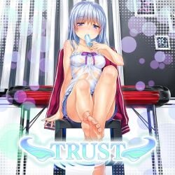 bangs bare_legs bare_shoulders bare_thighs barefoot blue_eyes blue_hair blush body_blush breasts camisole chair chemise collarbone covered_nipples feet foot_focus irodorimidori kobotoke_nagi leg_up long_hair official_art popsicle ribbon see-through sitting skirt small_breasts sweat toes wet wet_clothes wet_shirt