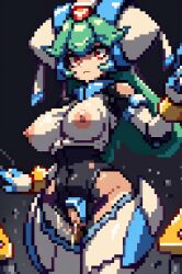 1robot_girl ai ai_assisted ai_generated alternate_version_available android breasts green_hair long_hair nipples no_bra no_panties nude pandora_(mega_man) pixel_art pixelated poncedart red_eyes robot_humanoid tagme thighs wet_pussy