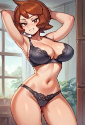 ai_generated arezu_(pokemon) arms_behind_head big_penis bra brown_hair collarbone gastkeser82 grey_bra grey_panties leaning looking_at_viewer panties parted_lips penis pokemon smile thighs wide_hips