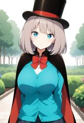 ai_generated arms_behind_back big_breasts blue_shirt cape civitai cylinder large_breasts tejina_senpai tejina_senpai_(character) tejina_senpai_(series)