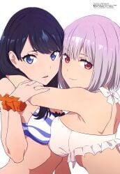 arms_around_neck arms_around_partner bare_back bare_shoulders big_breasts big_breasts big_breasts bikini_top blue_eyes blue_hair_female blush blush blushing_at_viewer blushing_female breast_press breasts breasts breasts breasts_on_breasts busty busty_female closed_mouth closed_smile couple duo_female duo_focus female_only females fit_female frilled_bikini frilled_bikini_top frills girl_on_girl girls_only gridman_universe hand_on_another&#039;s_arm hand_on_arm hand_up hands_on_partner high_resolution highres hug hugging hugging_partner looking_at_viewer medium_hair medium_hair_female megami_magazine midriff mouth no_sex official_art open_mouth open_mouth pink_bikini_top pressing pressing_breasts pressing_breasts_together purple_hair_female red_eyes shinjou_akane short_hair short_hair_female sideboob simple_background smiling_at_viewer ssss.gridman staring staring_at_viewer striped_bikini striped_bikini_top student students sultry_eyes sultry_gaze takarada_rikka young_female