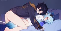 2d 2d_(artwork) anal_sex anime anime_style ass ass_focus black_hair blue_eyes brohug caelum(vtuber) caelum_vt demon_boy demon_tail dialogue femboy femboysub fucked_from_behind half_naked hoodie indie_virtual_youtuber male male/male male_only naked purple_eyes render rendered shoto shoto_(vtuber) shxtou virtual_youtuber white_hair yaoi