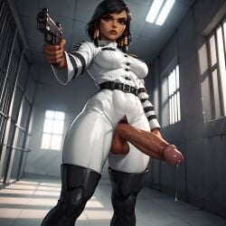 ai_generated belt black_boots black_hair dark-skinned_futanari dominant_futanari eogard_orc futa_only futanari huge_cock overwatch pharah pistol pointing_gun precum_drip prison pubic_hair stable_diffusion white_uniform