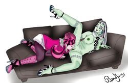 2girls bandijones black_hair boots clothed cunnilingus draculaura female frankie_stein green_skin hair high_heel_boots high_heels legs monster_high multiple_girls nipples oral pink_hair pink_skin pussy spread_legs vagina vampire yuri