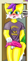 anthro balls bartis_(bartisthedoggie) bartisthedoggie big_tail blush blush_lines bottomwear canid canine canis clothed clothing clothing_lift detailed_background domestic_dog door doorway forklift_certified fur genitals green_blue_eyes hair hi_res male male_only mammal penis plant purple_hair shaded shirt signature simple_shading skirt skirt_lift solo speech_bubble t-shirt tail text text_on_clothing topwear white_body white_fur yellow_body yellow_fur