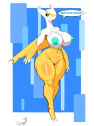 absurd_res anthro big_breasts breasts dialogue emmet_twunks female generation_3_pokemon hi_res huge_breasts latias legendary_pokemon nintendo nipples pokemon pokemon_(species) shiny_pokémon shiny_pokemon simple_background solo text thick_thighs white_body yellow_body