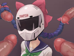 bakuon!! bow braid brand_name_imitation censored do_kids_k female hair hairbow hairjob headgear helmet kawasaki_raimu mosaic_censoring motorcycle_helmet multiple_penises penis purple_hair school_uniform serafuku solo_focus tied_hair twin_braids