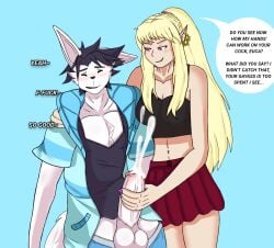 1boy 1girls anthro arctic_fox balls big_balls black_bra black_crop_top black_hair black_nose black_tank_top black_topwear blonde_hair blue_background blue_jacket blue_underwear blush button_down_shirt climax closed_eyes cock cock_milking covered_breasts cum cumshot_in_mouth dick dominant_female elf elf_ears elf_female elf_girl erect_penis erection euca_(repeat) exposed_penis eyelashes fanart female/male fluffy_tail fox furrowed_brow furrowed_eyebrows furry gay_with_woman golden_earrings hand_on_penis handjob hard_cock human_to_anthro leaning light_skin long_ears long_hair long_tail magenta_eyes male/female messy_hair milking_penis oc orgasm penis penis_grab penis_milking pink_tip ponytail purple_eyes purple_nails red_skirt repeat_(visual_novel) same_size shoulder_grab smile smirk smooth_balls smooth_skin straight submissive_male text text_bubble white_balls white_fur white_penis zoophilia