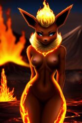 ai_generated fire flareon looking_at_viewer medium_breasts naked pokemon pokemon_(species) sexy.ai volcano