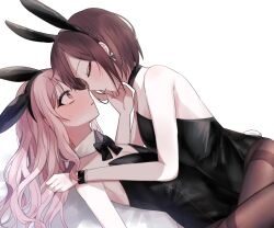 1other 2girls akiyama_mizuki blush breasts breasts_out brown_hair bunny_ears bunny_girl bunnysuit closed_eyes clothed clothing female_focus female_only flat_chest flat_chested high_resolution highres medium_breasts multiple_girls pink_eyes pink_hair project_sekai shinonome_ena thighs tits_out white_background yuri