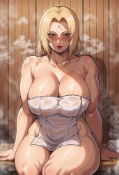 1girls ai_generated bare_shoulders bath bathing blonde_hair blush breasts brown_eyes clavicle cleavage curvaceous facial_mark female female_only forehead_mark high_resolution huge_breasts large_breasts lips lipstick long_hair looking_at_viewer makeup mature mature_female milf mommy naked_towel naruto naruto_shippuden nude onsen red_lips sauna shiny shiny_skin sitting smile solo steam sweat thick_thighs thighs towel tsunade very_high_resolution water wet wooden_wall