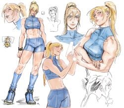abs after_fellatio biceps bike_shorts blonde_hair blue_eyes blue_footwear blue_shorts blue_sports_bra blush boots casual_outfit_(metroid) female flexing hair_between_eyes head_tilt highres knee_boots long_hair meme metroid midriff mole mole_under_mouth multiple_views muscular muscular_female navel open_mouth penis pink_lips ponytail red_eyes retsu_kaioh's_head_lying_in_a_hospital_bed_(meme) saliva saliva_trail samus_aran scubaby shorts sidelocks smile solo solo_focus sports_bra straight_hair
