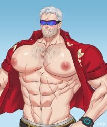 1boy abs activision bara beard_stubble biceps blizzard_entertainment blush clothing daddy dilf hairy_chest jack_morrison k_sen212 male male_nipples male_only manly mature_male muscular_male nipples overwatch overwatch_2 pecs soldier_76