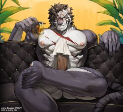 5_fingers abs anthro art_uza claws digital_drawing_(artwork) digital_media_(artwork) erection fangs felid feline fingers fur glass hair hi_res male mammal muscular muscular_male nipples sitting solo tail teeth toe_claws