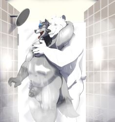 2020 absurd_res anthro bear canid canine canis cuddling duo hand_on happy hi_res male male/male mammal nude open_mouth overweight polar_bear shower shower_head smile thick_thighs tongue tongue_out ursine water wildside wolf
