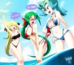 bikini_bottom bikini_bottom_removed bikini_top black_bikini blue_bikini bottomless_female breasts clair_(pokemon) cynthia_(pokemon) danmakuman dragon_eyes green_hair hips long_hair oc pokemon red_bikini red_bikini_bottom red_bikini_top sea slim_girl teasing water