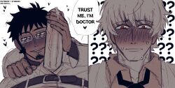 2boys ? belt black_hair blush donquixote_rosinante english_text erection face_closeup full-face_blush gay glasses handjob heart large_penis male_focus multiple_boys necktie one_piece penis precum short_hair starmiu sweatdrop trafalgar_law veins yaoi