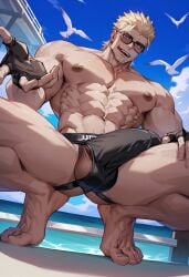 1boy abs ai_generated blonde_hair blue_sky bulge cocky facial_hair fingerless_gloves glasses gloves inviting jockstrap johnny_(guilty_gear) licking_lips looking_at_viewer looking_down looking_down_at_viewer low-angle_view male male_only muscular nipples offering_hand outside pecs penis pov pov_eye_contact reaching_towards_viewer smile smiling_at_viewer smirk smirking_at_viewer smug solo solo_male spread_legs squatting standing_over_viewer tongue underwear wankyc