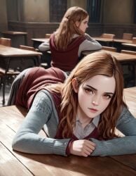 ai_generated ass cute emma_watson female female_only harry_potter hermione_granger looking_at_viewer lying_on_stomach rtxfus sexually_suggestive