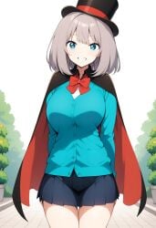 ai_generated arms_behind_back blue_eyes blue_shirt bob_cut cape civitai cylinder grey_hair silver_hair skirt smile tejina_senpai tejina_senpai_(character) tejina_senpai_(series)