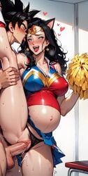 1boy 1girls ahe_gao ai_generated areolae balls big_balls big_breasts big_penis black_hair breasts breath cheerleader cheerleader_outfit cheerleader_uniform crossover cum cum_in_pussy cum_inside dc_comics dragon_ball dragon_ball_super dragon_ball_z female female_penetrate flushed hand_on_leg heart hearts_around_head impregnation leg_up lipstick male male_penetrating_female muscular penis penis_in_pussy pregnant pregnant_belly pregnant_female pregnant_sex pussy saiyan sex skirt skirt_lift smile son_goku spiky_hair string_panties superheroine sweat sweating tongue tongue_out vaginal_penetration vaginal_sex wonder_woman wonder_woman_(series)