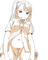 ass_visible_through_thighs bottomless censored female heart heart_censor monochrome navel neck_ribbon open_clothes open_shirt pubic_hair pussy satsuyo side_ponytail simple_background smile solo