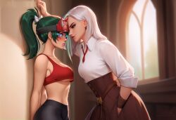 2girls ai_generated anaslex ashe_(overwatch) blue_eyes brown_eyes collared_shirt crop_top glowing_eyes green_hair hi_res kabedon kiriko_(overwatch) kittew_(style) overwatch overwatch_2 pale-skinned_female pale_skin shy smirk tank_top underboob white_hair yoga_pants yuri