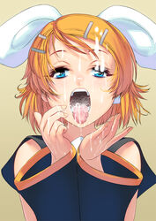 blonde_hair blue_eyes cum cum_in_mouth facial female hair_ornament hair_ribbon hairclip kagamine_rin long_sleeves looking_at_viewer masao open_mouth ribbon solo tongue upper_body vocaloid wide_sleeves