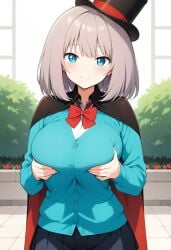 ai_generated arms_on_breasts blue_eyes blue_shirt bob_cut cape civitai cylinder grabbing_own_breast grey_hair silver_hair skirt smile tejina_senpai tejina_senpai_(character) tejina_senpai_(series)