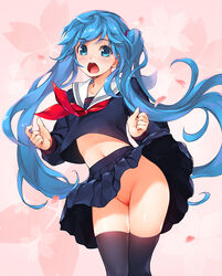 :o alternate_costume bangs black_legwear black_serafuku black_skirt blue_eyes blue_hair blush cherry_blossoms cowboy_shot eyebrows eyebrows_visible_through_hair female floating_hair floral_background hatsune_miku highres legs_together long_hair long_sleeves no_panties open_mouth petals pleated_skirt school_uniform serafuku shirt_lift skirt skirt_lift solo thighhighs tied_hair twintails underwear upskirt very_long_hair vocaloid wacchi