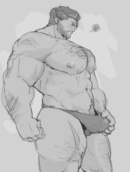 abs bara beard biceps big_bulge bulge fares0teb male male_nipples male_only male_pubic_hair monochrome muscular_male nipples pecs underwear