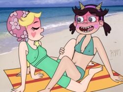 2girls beach bikini blonde_hair blush brown_eyes brown_hair closed_eyes disney disney_channel disney_xd female female_only glasses multiple_girls one-piece_swimsuit one_piece_swimsuit star_butterfly star_vs_the_forces_of_evil starfan13 straight_hair swimcap swimsuit tribadism underdogfan40 yuri