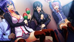 3girls arms_up black_hair blue_hair breasts censored cleavage closed_eyes cum cum_in_pussy cum_on_hair cumdrip embarrassed facial game_cg green_eyes grey_skirt highres huge_breasts indoors izumi_kirika kagurazaka_ichigo kanzen_jikan_teishi large_breasts legs long_hair long_sleeves microphone mosaic_censoring multiple_girls open_mouth panties panties_aside parted_lips penetration penis pink_hair satsuki_shiho school_uniform sex singing sitting skirt small_breasts thighhighs thighs tied_hair time_stop twintails underwear uo_denim vaginal_penetration yellow_panties