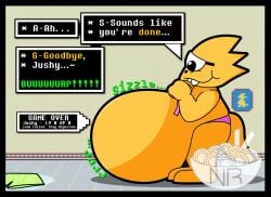 _nomminramen alphys belly belly_overhang panties post-vore questionable_consent soft_vore text undernom undertale unknown_prey vore vore_belly