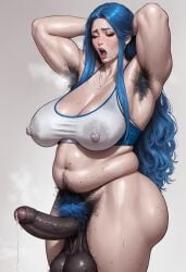 ai_generated armpit_hair asian blue_eyes blue_hair blue_pubic_hair briang1748 bush foreskin futanari gym_clothes hyper_cum large_breasts muscular musk orgasm_face original_character overweight pubic_hair simple_background thick_ass thick_thighs