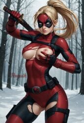 ai_generated alternate_universe avengers bodysuit breast_grab breasts cameltoe deadpool_&_wolverine_(2024) female_version forest katana lady_deadpool marvel marvel_comics mask mtf_crossgender nipples outside penguih perfect_body sexy_pose superheroine tight_clothing touching_breast wanda_wilson winter x-men