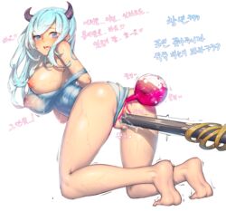 anal anal_object_insertion arms_behind_back ass barefoot blue_eyes blue_hair blush breasts censored covered_nipples dripping female horns kneeling large_breasts long_hair looking_at_viewer looking_back mosaic_censoring muloli nipples object_insertion one-piece_swimsuit one_breast_out open_mouth penetration solo swimsuit swimsuit_aside text translation_request vaginal_object_insertion vaginal_penetration wet wet_clothes white_background white_swimsuit