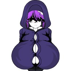 big_breasts black_eyes breasts breasts_bigger_than_head disguise flower_in_hair looking_at_viewer neutral_expression purple_clothing purple_hair sewerslvt thigh_clothes traced white_skin