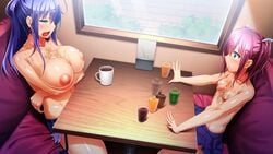 2girls areolae bare_legs blue_eyes blue_hair blue_skirt blush breasts coffee crossed_arms cum cum_on_breasts cum_on_upper_body cup drink earrings game_cg highres izumi_kirika juice kagurazaka_ichigo kanzen_jikan_teishi large_breasts legs long_hair long_sleeves looking_at_another multiple_girls nipples no_bra open_mouth pink_hair ponytail sitting skirt small_breasts table tan tanline thighs tied_hair time_stop topless twintails uo_denim window