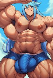 1boy abs ai_generated ambush_(trap) aqua_(konosuba) armpit_hair bulge chest_hair extreme_muscles genderswap_(ftm) hairy_armpits hairy_arms hairy_chest kono_subarashii_sekai_ni_shukufuku_wo! male male_only muscular muscular_male rule_63 sewoh solo