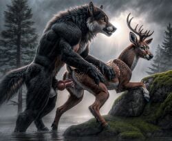 ai_generated anthro_on_feral balls canine canine_penis deer feral from_behind_position knot penis pussy raining side_view vaginal_penetration werewolf wolf wolfchaser