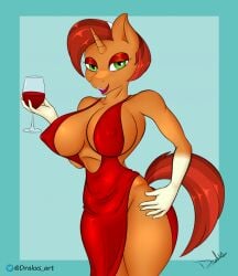 alcohol anthro beverage big_breasts breasts brown_body brown_fur clothing container cup drakxs dress drinking_glass equid equine eyeshadow female friendship_is_magic fur glass glass_container glass_cup green_eyes hair hasbro hi_res holding_object horn leg_markings looking_at_viewer makeup mammal markings mature_female milf my_little_pony mythological_creature mythological_equine mythology nipple_outline orange_hair red_eyeshadow socks_(marking) solo stellar_flare_(mlp) unicorn wine wine_glass