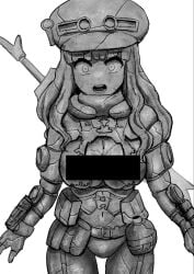 armor belt blush breasts censored cleavage cowboy_shot fingerless_gloves gloves greyscale hat helmet large_breasts long_hair looking_at_viewer lotusgun monochrome navel nipples non-web_source open_mouth petrification pouch scar simple_background solo statue teeth torn_clothes weapon white_background wide-eyed