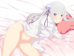 akage blush emilia_(re:zero) female female_only long_hair naked_shirt navel pajamas pubic_hair purple_eyes pussy re:zero_kara_hajimeru_isekai_seikatsu silver_hair solo uncensored waifu2x