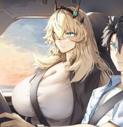 1boy 1girls barghest_(gawain)_(fate) big_breasts blonde_female blonde_hair blonde_hair_female breasts car car_interior clothed clothed_female clothed_male driving fate/grand_order fate_(series) female_focus fujimaru_ritsuka_(male) huge_breasts inside inside_car larger_female light-skinned_female light-skinned_male light_skin long_hair obazzotto seatbelt smaller_male steering_wheel video_game_character