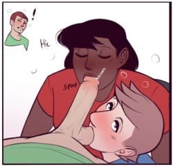 1boy 2girls annabelle_murphy_(jamesab) ball_fondling ball_sucking chocolate_and_vanilla collaborative_fellatio dark-skinned_female dark_skin fellatio female fruit_basket_(jamesab) helen_de_silva_(jamesab) jamesab light-skinned_male male original_character sex teamwork