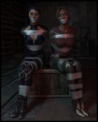 2girls 3d bondage bound bound_arms bound_legs dark_skin dark_skinned_female gag gagged jade_(mortal_kombat) kitana lord_kamski mortal_kombat tape_gag