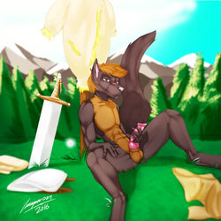 armor balls brown_fur canine cenegan024 fur male mammal masturbation melee_weapon nude penis red_eyes scar sword warrior weapon wolf