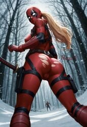 ai_generated alternate_universe ass avengers bodysuit deadpool deadpool_&_wolverine_(2024) female_focus female_version forest from_behind from_below katana lady_deadpool marvel marvel_comics mask mtf_crossgender outside penguih perfect_body ponytail sexy_pose shocked superheroine torn_clothes wanda_wilson winter x-men