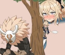 ... 1boy 1girls 2025 ^^^ blonde_hair blush blushing cape chibi female genshin_impact hairbow hiding high_resolution hilichurls_(species) hippo_power hoyoverse jean_gunnhildr male mihoyo ponytail spoken_ellipsis stalking sweat sweatdrop tree